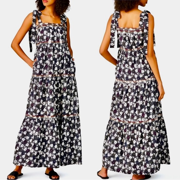 ANTHROPOLOGIE + WARM 100% Cotton Smocked Tiered Maxi Dress Black & White Floral